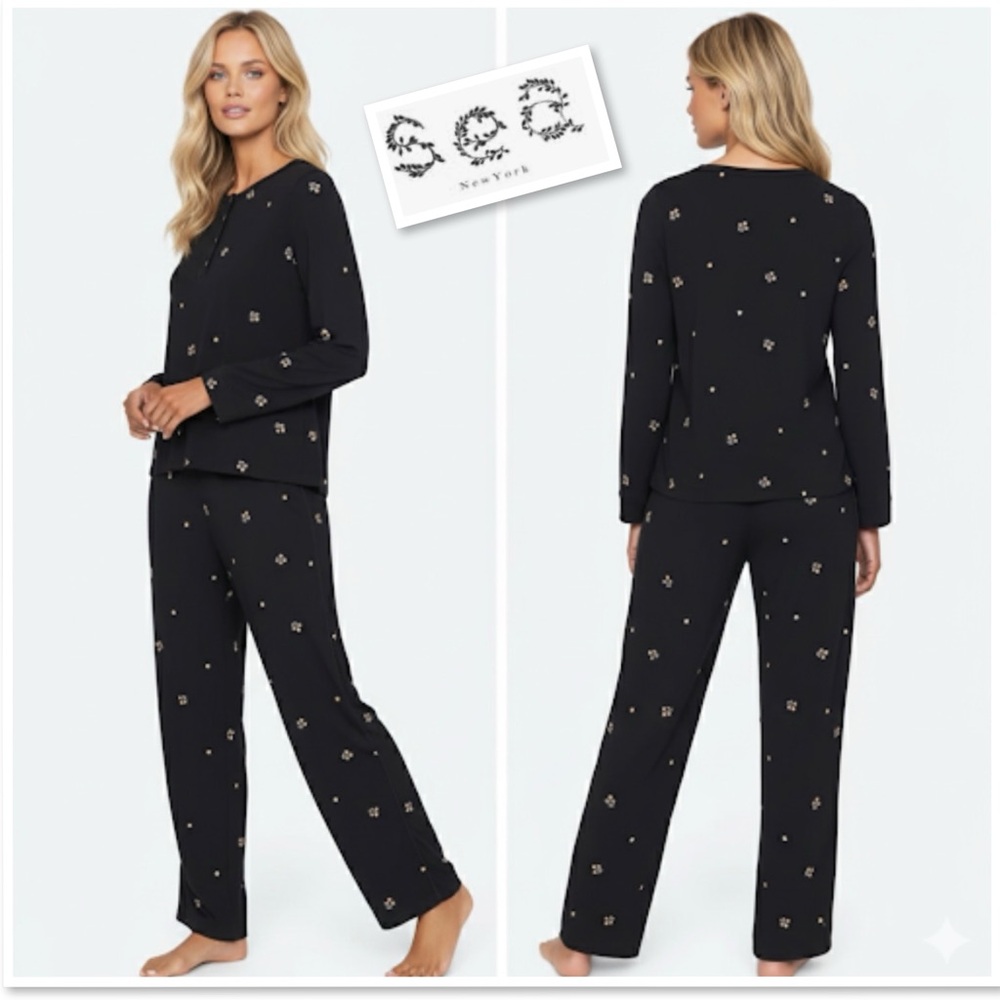 SEA NY Black Pajama Set With White & Pink Floral Embroidery In Black Size XS